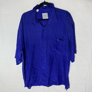 Vintage Fuzi Silks Blue Silk Short Sleeve Casual Button Front Shirt XL